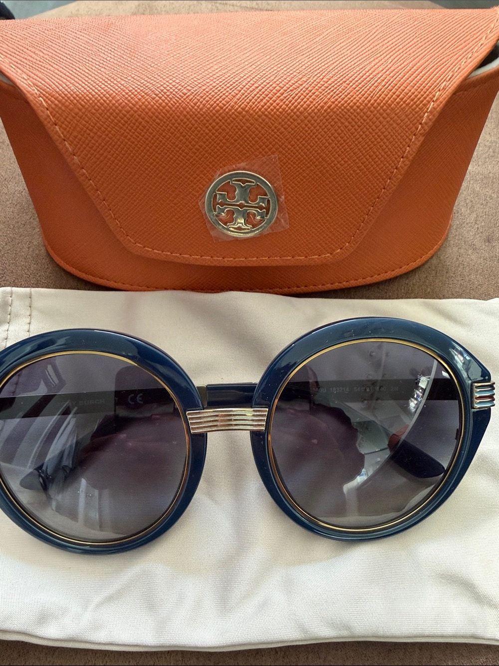 Tory Burch Round Navy Sunglasses with Orange Case